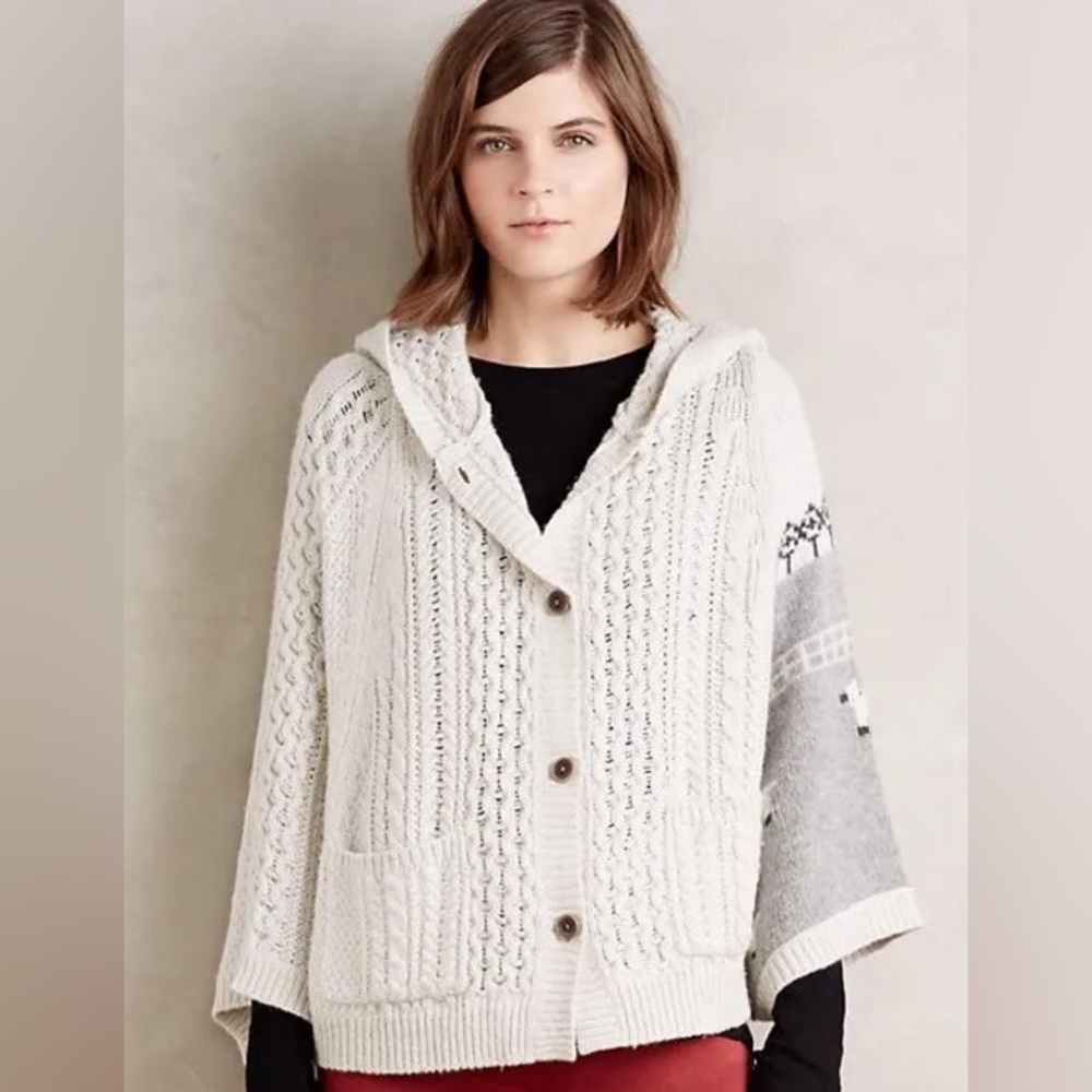Beautiful Anthropologie Winter Hooded Cable sweater with Sheep Design